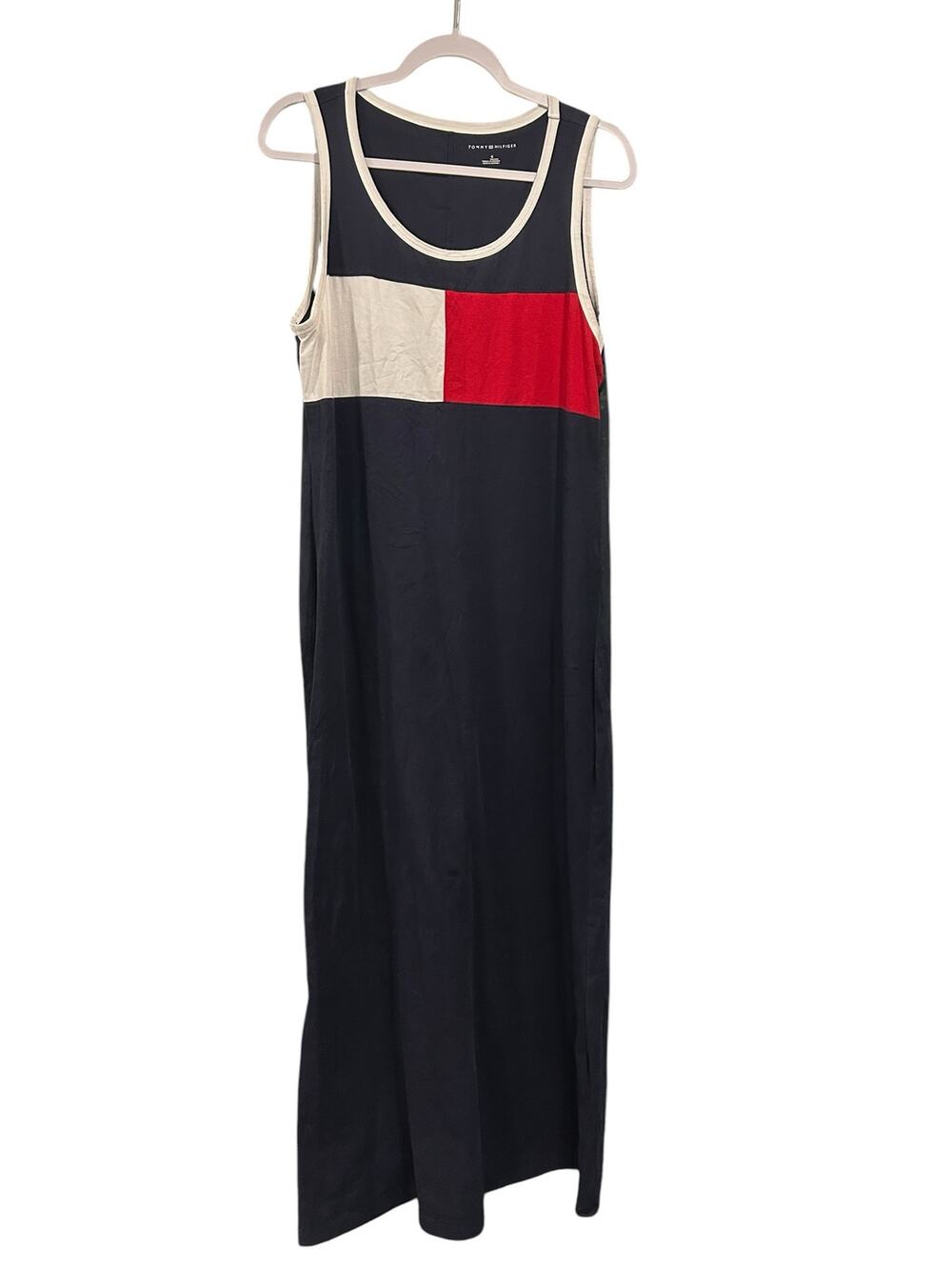 Tommy Hilfiger Colorblock Maxi Dress Navy Red White Sleeveless Womens LG Coastal
